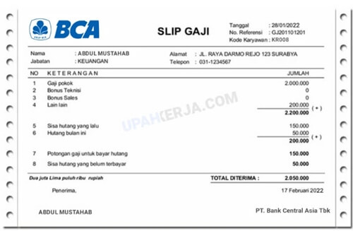 contoh slip gaji karyawan bank bca terbaru