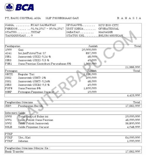 contoh slip gaji karyawan bank bca