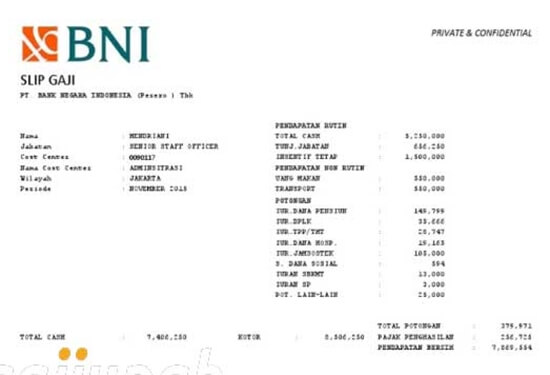 contoh slip gaji karyawan bank bni terbaru