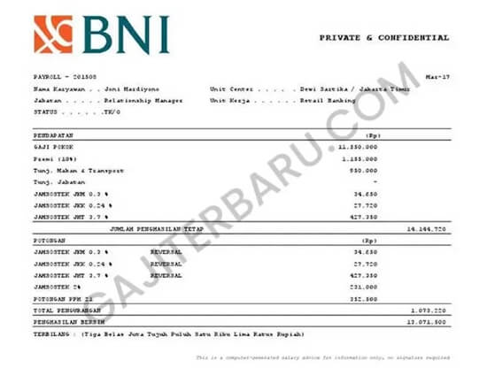 contoh slip gaji karyawan bank bni