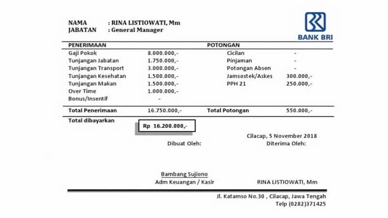 contoh slip gaji karyawan bank bri