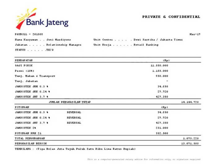 contoh slip gaji karyawan bank jateng