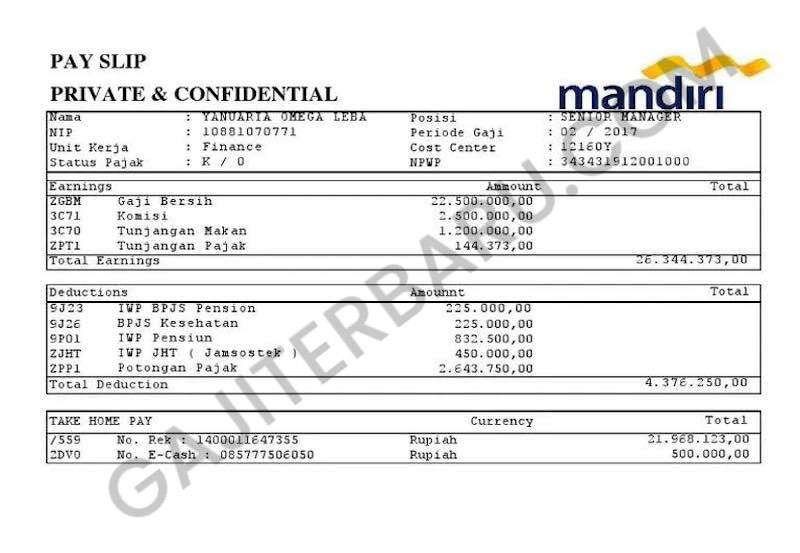 contoh slip gaji karyawan bank mandiri