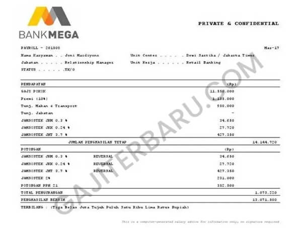contoh slip gaji karyawan bank mega