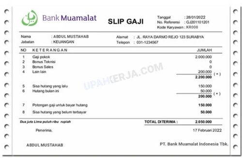 contoh slip gaji karyawan bank muamalat terbaru