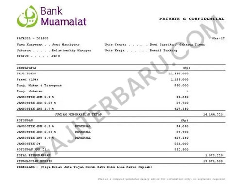 contoh slip gaji karyawan bank muamalat