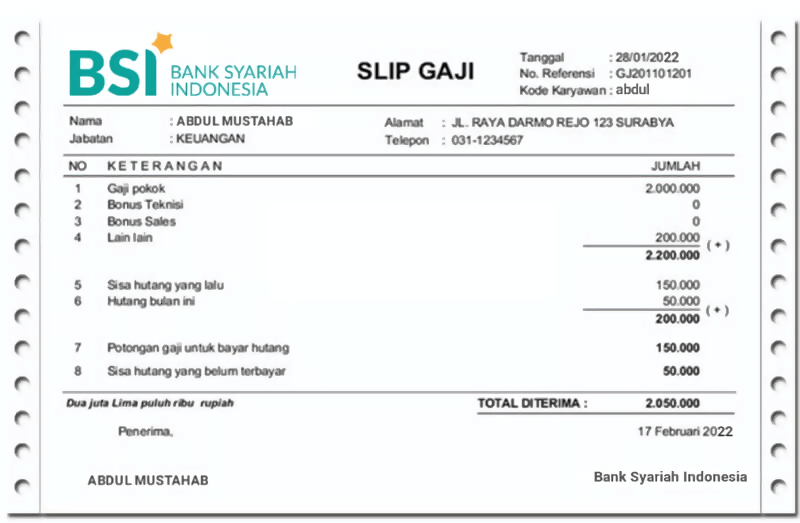 contoh slip gaji karyawan bank syariah indonesia (bsi)