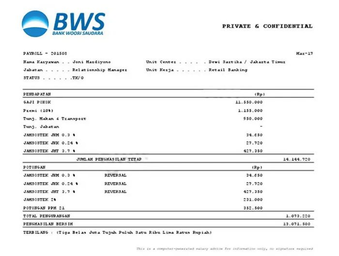 contoh slip gaji karyawan bank woori saudara indonesia 1906
