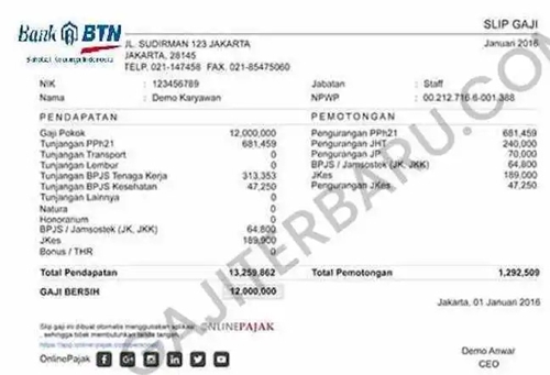 contoh slip gaji karyawan bank btn