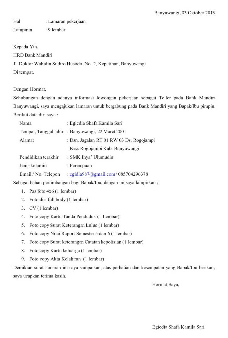 contoh surat lamaran pekerjaan bank mandiri